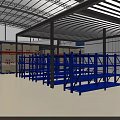 Spacious Warehouse Interior With Blue Metal Shelves And Neatly Stacked Boxes