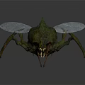3D Rendered Green Insect With Transparent Wings Sharp Fangs And Red Eyes