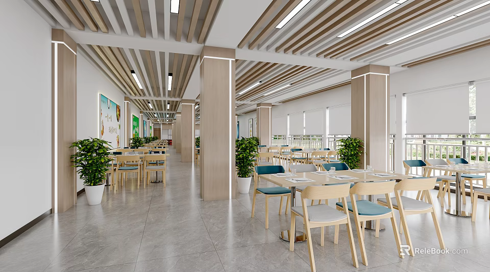 Bright Restaurant Interior With Wooden Ceiling Lighting Green Plants And Blue Chairs 3d model 