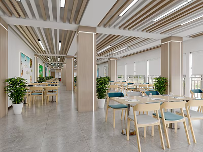 Bright Restaurant Interior With Wooden Ceiling Lighting Green Plants And Blue Chairs 3d model