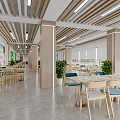 Bright Restaurant Interior With Wooden Ceiling Lighting Green Plants And Blue Chairs
