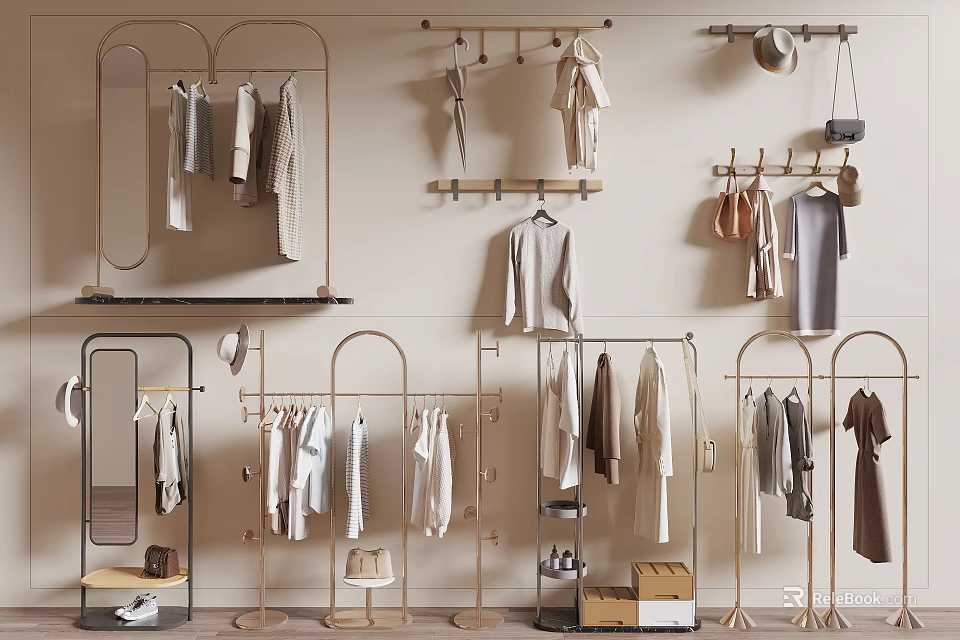 Stylish Clothing Racks Displaying Apparel And Accessories 3d model 