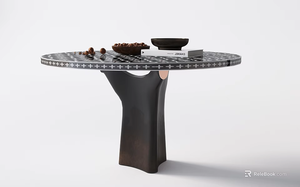 Round Black And White Patterned Table With White Cross Decoration And Pedestal Base 3d model