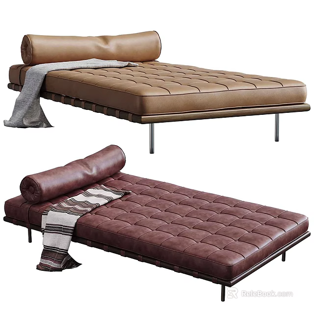 Stylish Leather Daybed With Tufted Surface Metal Frame And Cozy Blanket 3d model