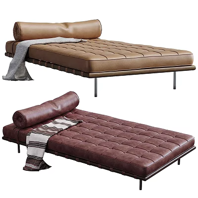 Stylish Leather Daybed With Tufted Surface Metal Frame And Cozy Blanket 3d model