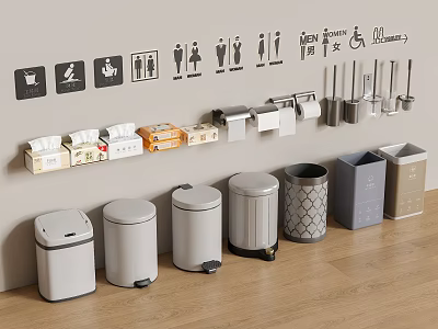 Practical Bathroom Accessories With Gender Icons Including Trash Bins Tissue Boxes And Hooks 3d model