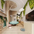 Modern Hotel Lobby Interior With Wooden Elements Green Plants Cloud Decorations Curved Sofa And Bookshelves