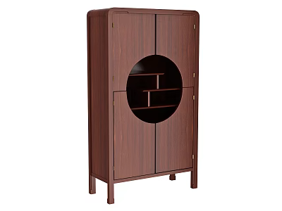 Modern Dark Brown Wooden Storage Cabinet With Circular Cutout And Shelves 3d model