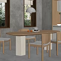 Oval Light Wooden Dining Table Set with Four Chairs Window Green Plants and Pendant Light