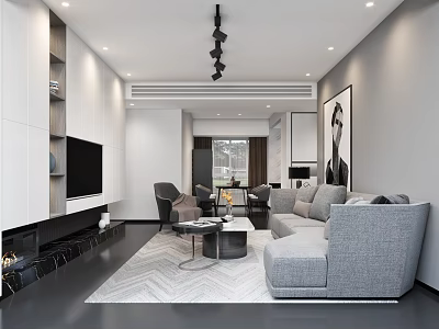 Modern Living And Dining Room Interior With Gray Sofa Coffee Table Chandelier And Wall Art 3d model