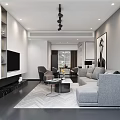 Modern Living And Dining Room Interior With Gray Sofa Coffee Table Chandelier And Wall Art