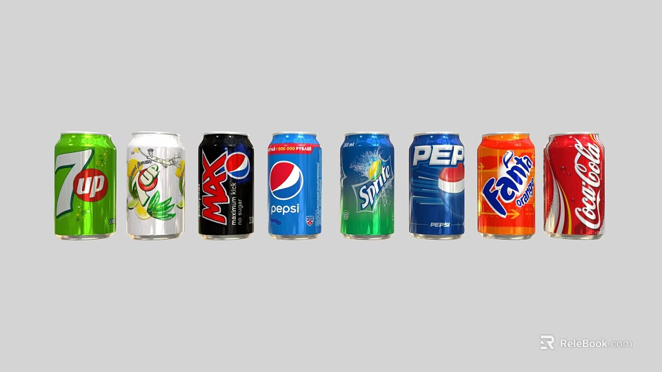 Various Brand Beverage Cans Displayed In A Row With Colorful Designs And Labels 3d model 