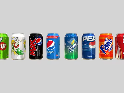 Various Brand Beverage Cans Displayed In A Row With Colorful Designs And Labels 3d model