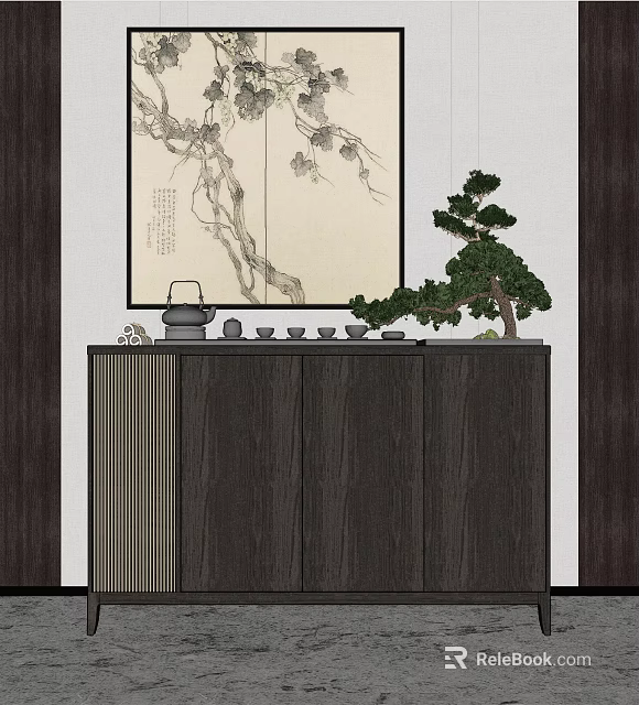 Entryway Side Cabinet With Teapot Teacups Small Pine Tree And Wall Painting 3d model