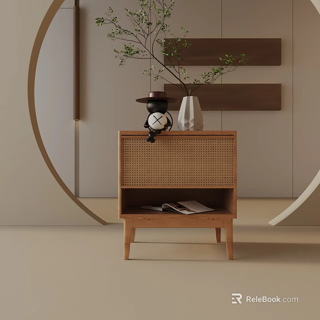 Minimalist Wooden Side Table with Rattan Front Panel Decorative Figure White Vase and Green Plants 3d model 