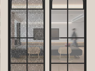 Modern Interior Hinged Door With Glass Panels And Black Grille Design 3d model