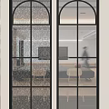 Modern Interior Hinged Door With Glass Panels And Black Grille Design