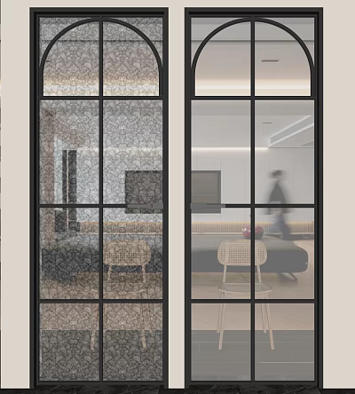 Modern Interior Hinged Door With Glass Panels And Black Grille Design 3d model