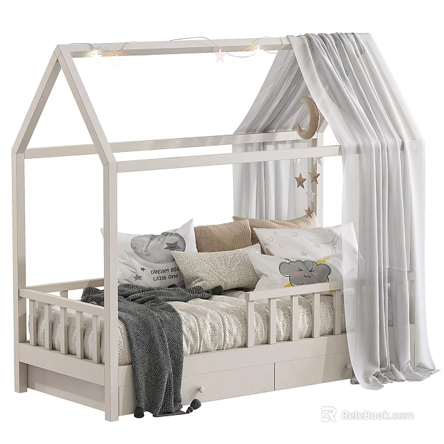 House Shaped Kids Bed With White Frame Curtains Star Moon Decorations And Cloud Pattern Pillows 3d model 