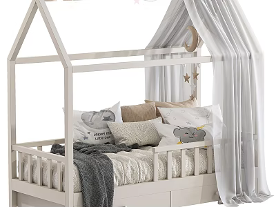 House Shaped Kids Bed With White Frame Curtains Star Moon Decorations And Cloud Pattern Pillows 3d model