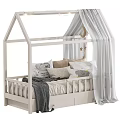 House Shaped Kids Bed With White Frame Curtains Star Moon Decorations And Cloud Pattern Pillows