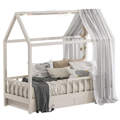 House Shaped Kids Bed With White Frame Curtains Star Moon Decorations And Cloud Pattern Pillows 3d model