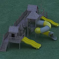 Outdoor Wooden Playground Equipment Featuring Yellow Gray Slides Stairs And Multi Level Platforms