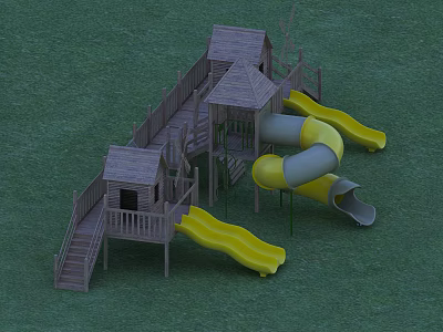 Outdoor Wooden Playground Equipment Featuring Yellow Gray Slides Stairs And Multi Level Platforms 3d model