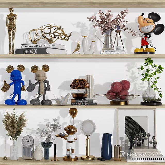 Modern Decorative Ornament Set With Metal Sculptures Ceramic Vases Cartoon Figurines And Small Plants 3d model 