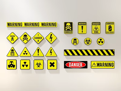Various Warning Signs With Danger Symbols Skull Radiation Biohazard And Black Stripes 3d model