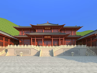 Traditional Ancient Chinese Architecture With Multi Tiered Roof Red Eaves Stone Steps And Front Square 3d model