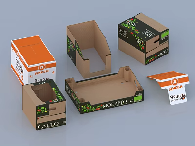 Various Style Cardboard Boxes Featuring Orange White Green Plant Patterns Open Closed Designs 3d model