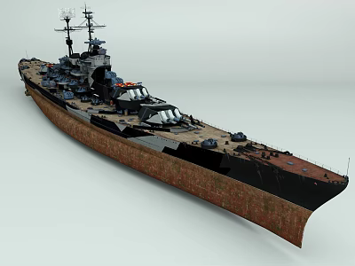 Vintage Rusted Battleship Hull Design With Main Turrets And Weathered Deck 3d model