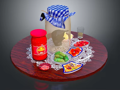 Assorted Food on Wooden Table with Lace Doily Pizza Olives Red Slices and Glass Jars 3d model