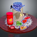 Assorted Food on Wooden Table with Lace Doily Pizza Olives Red Slices and Glass Jars