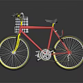 Stylish Red Bicycle With Yellow Handlebars And Black White Checkered Decoration