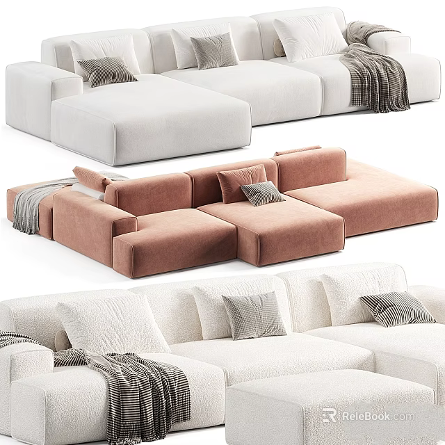 Modern Modular Sofa Interior With White Pink Sections Pillows And Soft Blankets 3d model
