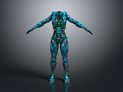 Futuristic Humanoid Mechanical Sculpture With Blue Green Glowing Details And Armored Design 3d model