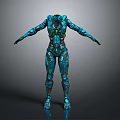 Futuristic Humanoid Mechanical Sculpture With Blue Green Glowing Details And Armored Design