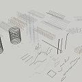 Various Shaped Columns in Wireframe Design with Spiral Cylindrical and Curved Structures and Linear Components 3d model
