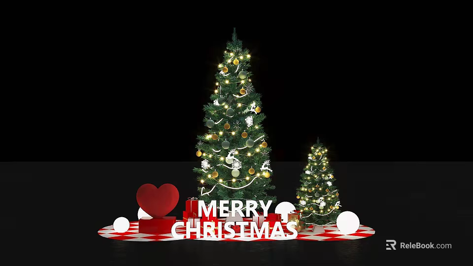 Festive Christmas Photo Spot With Decorated Trees Heart Decoration Merry Christmas Sign And White Balls 3d model 