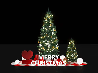 Festive Christmas Photo Spot With Decorated Trees Heart Decoration Merry Christmas Sign And White Balls 3d model