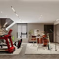 Modern Entertainment Room Interior With Musical Instruments Guitar Drum Set Spiral Staircase Artwork And Plants