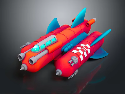 3D Rendered Red Rocket Models With Blue Fins And Checkered Patterns 3d model