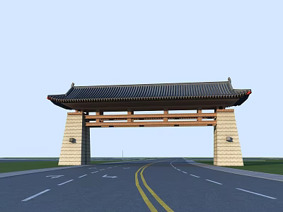 Traditional Chinese Entrance Gate With Wooden Structure And Stone Pillars Over Roadway 3d model