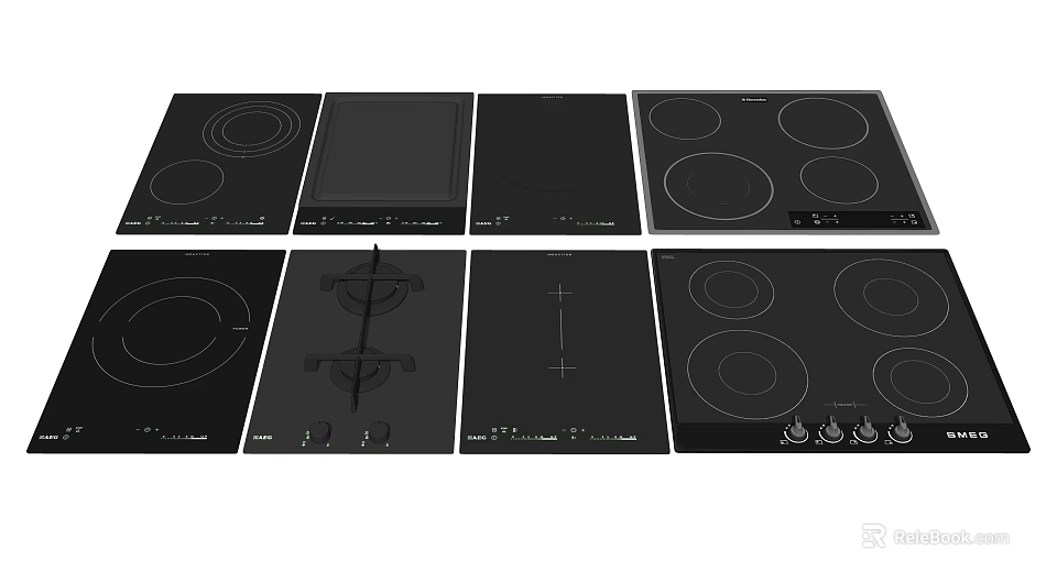 Modern Kitchen Appliances Featuring Various Black Electric Cooktops with Different Burner Configurations 3d model 