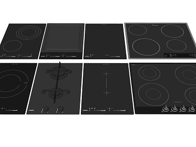 Modern Kitchen Appliances Featuring Various Black Electric Cooktops with Different Burner Configurations 3d model
