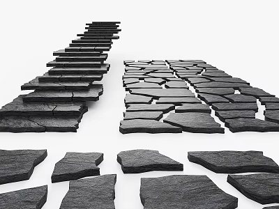 Natural Black Stone Slabs And Wooden Planks With Stepped Irregular Layout And Various Shapes 3d model