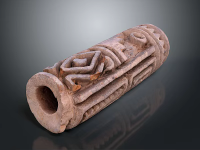 Traditional Cylindrical Stone Sculpture With Intricate Carved Patterns And Hollow Center 3d model
