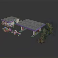 Gas Station Landscape with Gray Roof Building Fuel Pumps and Green Trees